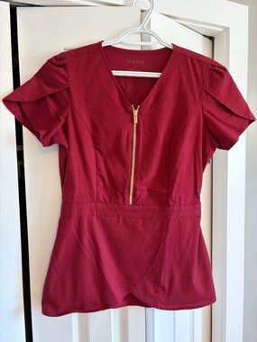Jaanuu Wine Red Zip-Front Medical Scrub Top
